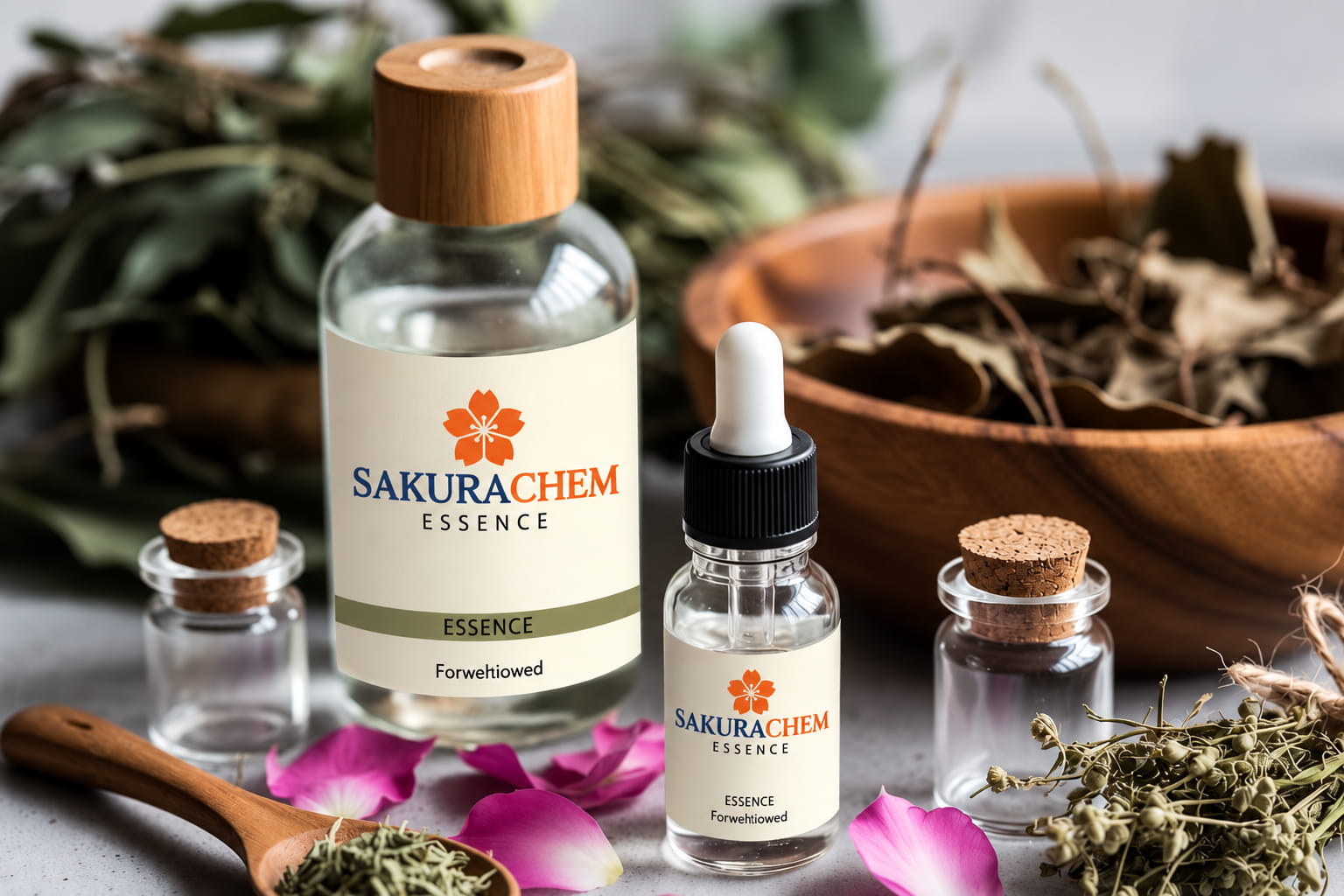Sakurachem esans şişeleri ve bitkisel koku temalı kompozisyon