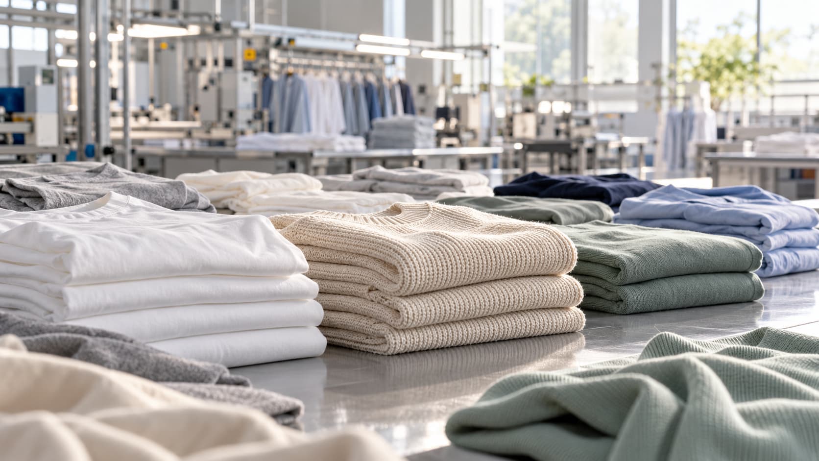 Modern tekstil atölyesinde katlanmış farklı giysiler