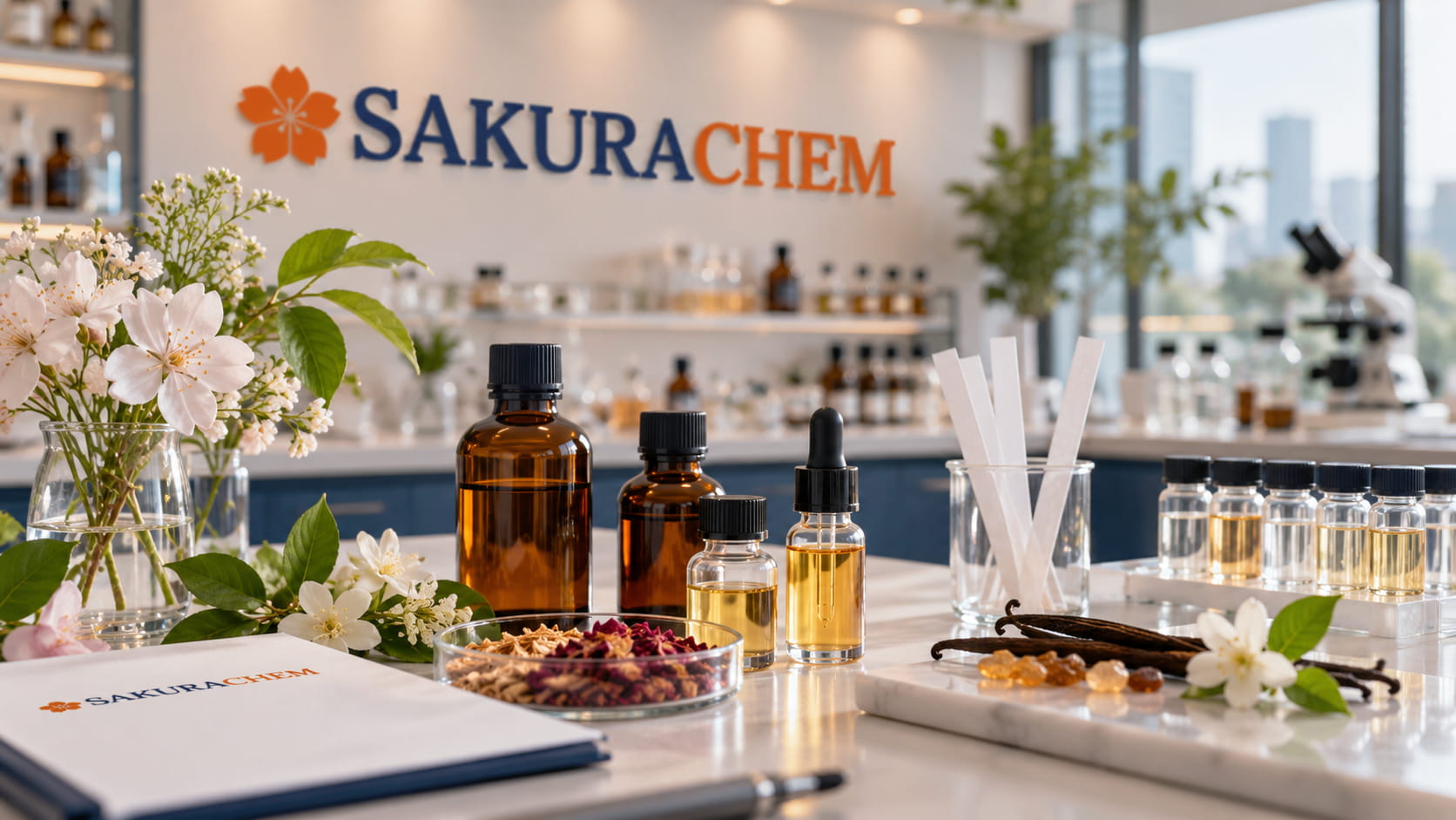 Sakurachem premium koku laboratuvarında esans numuneleri ve koku değerlendirme şeritleri