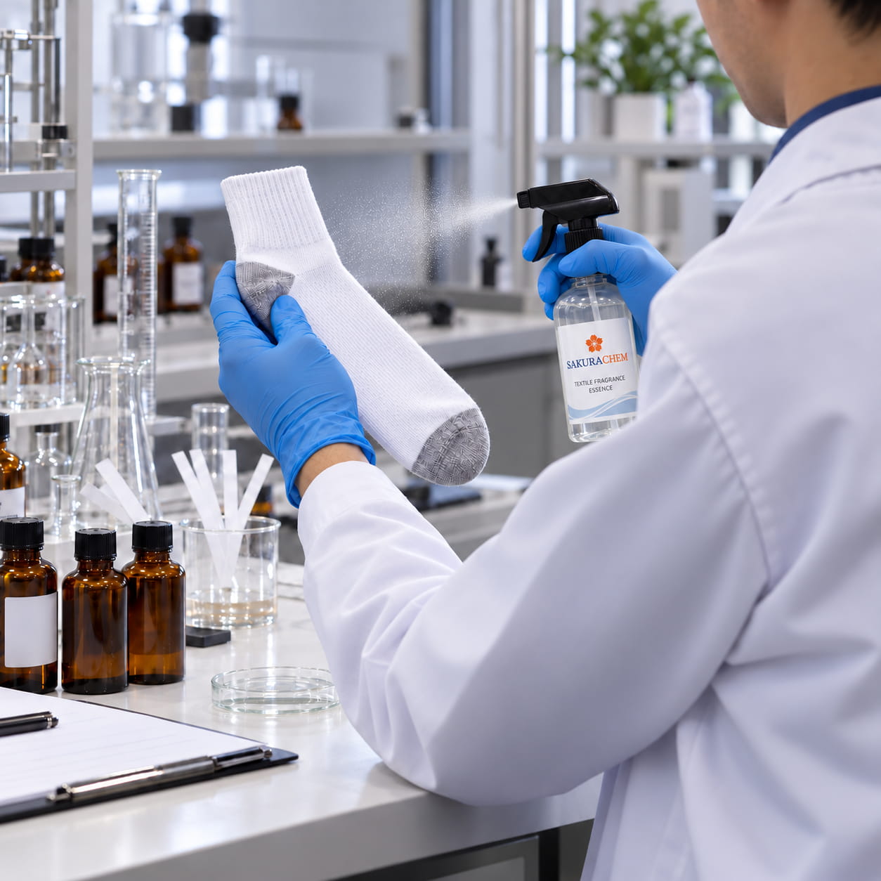 Sakurachem tekstil esansının kumaşa sprey uygulanarak laboratuvarda değerlendirilmesi